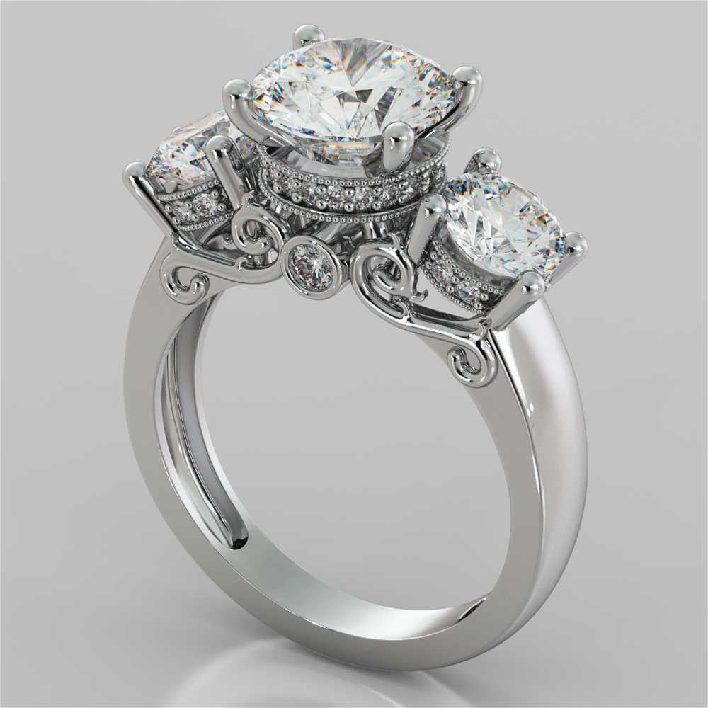 3.16CT Round Cut Three-Stone Filigree Engagement Ring in 14K White Gold