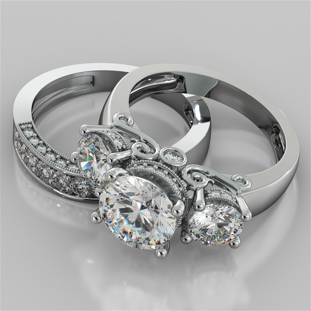 Round Cut Three-Stone Designer Wedding Set with Filigree Accents (Center Stone: 2.0 Ct, Cut: Excellent, Clarity: VVS-1)