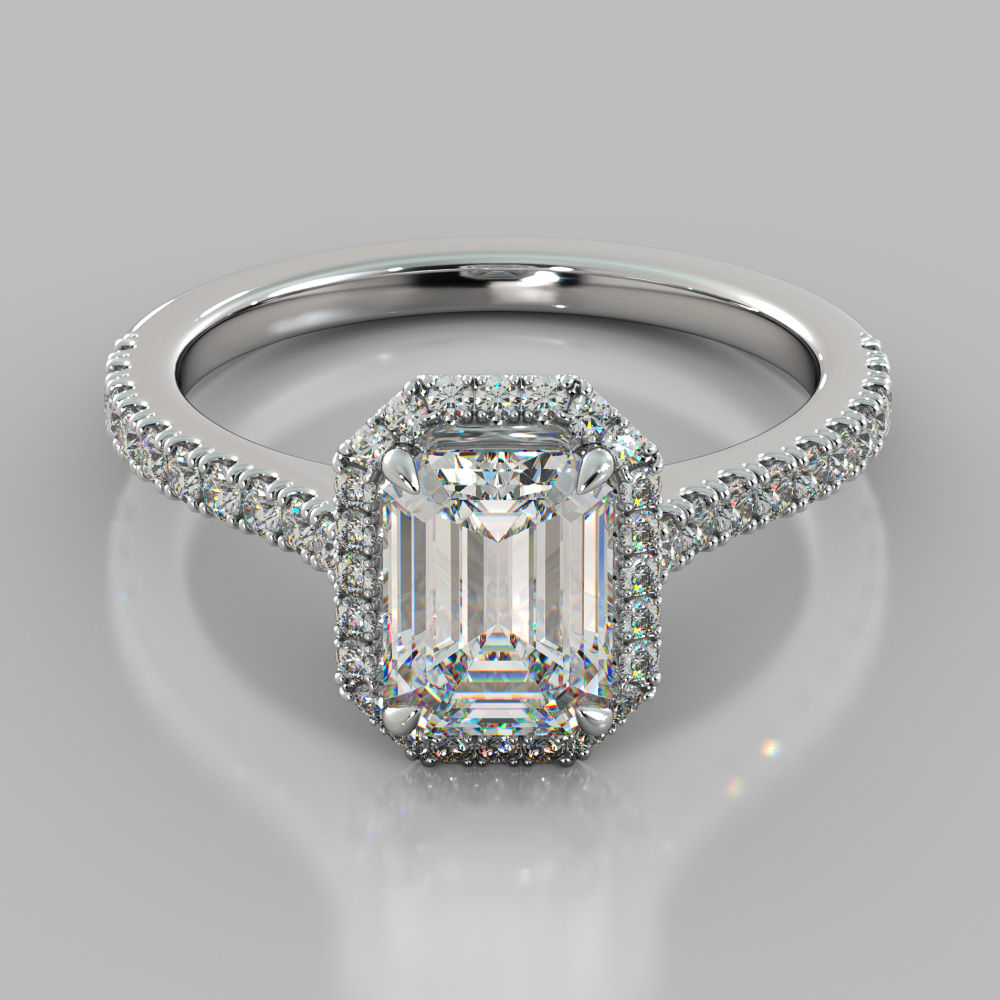 Emerald Cut Halo Engagement Ring With Accents (Center Stone: Up to 2 Carats, Cut: Excellent, Clarity: VVS-1)
