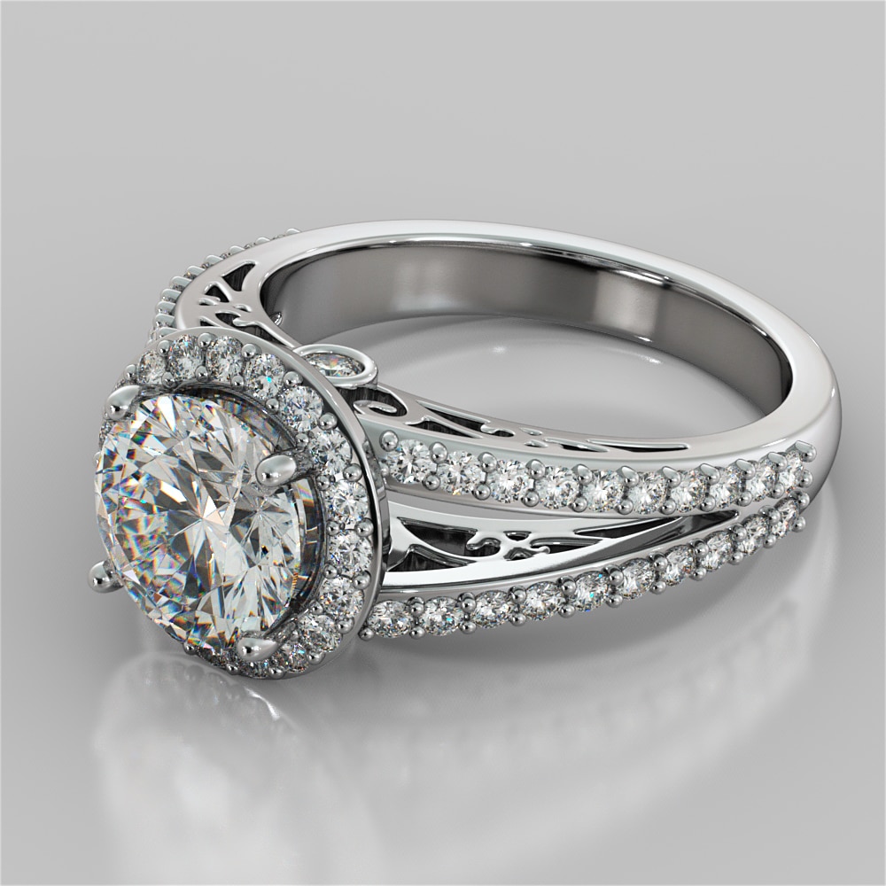 Round Cut Engagement Ring with Filigree Split Shanks (Center Stone: 1.50 Ct, Cut: Excellent, Clarity: VVS-1)