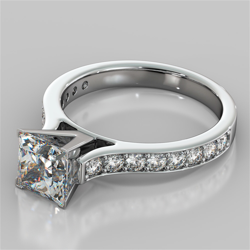 Princess Cut Cathedral Style Channel Engagement Ring With Accents