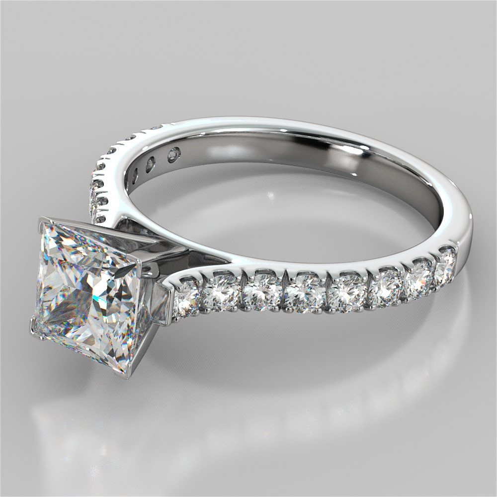 Princess Cut Cathedral Scallop Style Engagement Ring With Accents